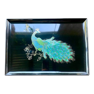 Peacock Inlay Serving Tray With Original Bag & Booklet Vintage Couroc of Monterey | California Decorative Art For Sale