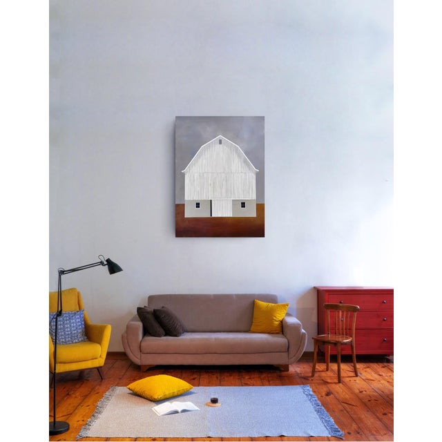 So Many Stories to Tell by Justin Wheatley | Acrylic on Canvas White Barn With Rust Field For Sale - Image 9 of 10
