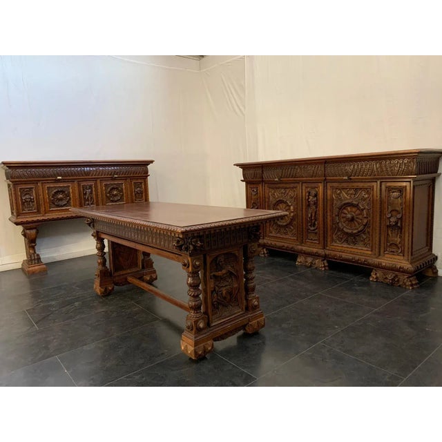 Neo-Renaissance study late 1800s early 1900s era, carved on solid walnut. Tuscany origin . Composed of: 224x62x121H studio...