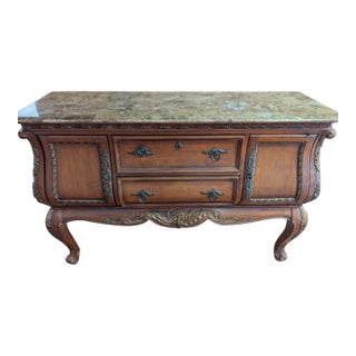 1940s Handmade Versailles Style Cognac Buffet, Marble Top, Hand Carved Accents. For Sale