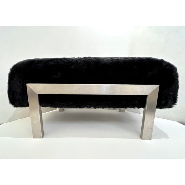 1970s Italian Vintage Black Faux Fur Steel Bed Stool Bench For Sale - Image 4 of 12