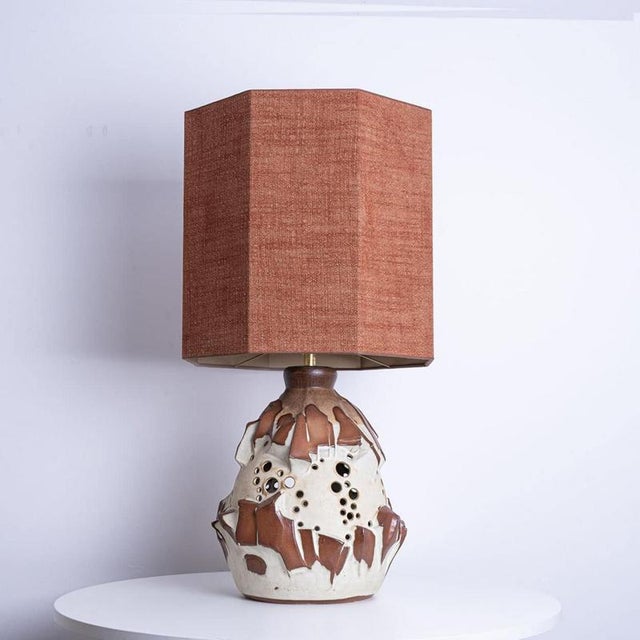 Large Octagonal White Brique Ceramic Floor Table Lamp with Lampshade attributed to R. Houben, 1970s For Sale - Image 11 of 13