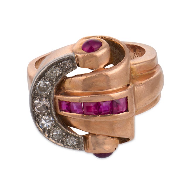Mid-Century Modern 1940s Retro Synthetic Ruby Diamond 14k Rose Gold Tank Ring, Size 12.5 For Sale - Image 3 of 6