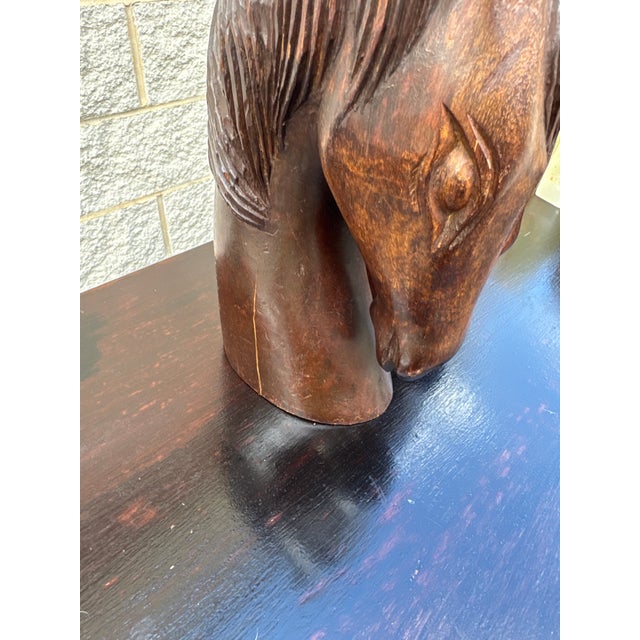Mid 20th Century Vintage Equestrian Horse Head Sculptures in Dark Carved Wood - A Pair For Sale - Image 5 of 12