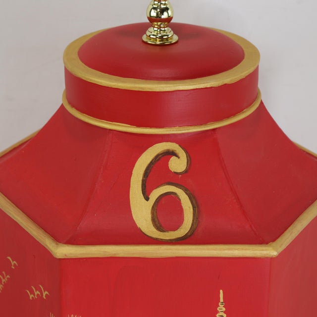 Red Vintage Red Chinoiserie Hand-Painted Hexagon Tea Caddy Table Lamps - a Pair For Sale - Image 8 of 11