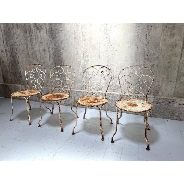 White Antique Chippy Paint and Rusty Metal Garden Chairs, 1920s, Set of 4 For Sale - Image 8 of 8
