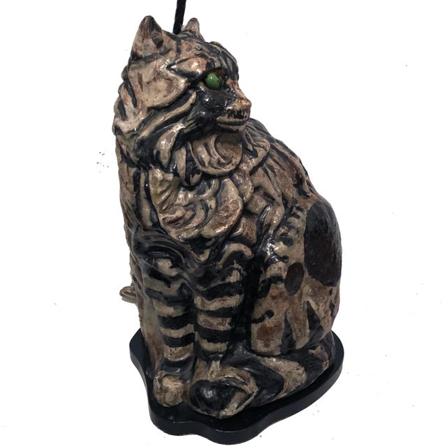 Shabby Chic 1940s Painted Pottery/Terracotta Cat Lamp For Sale - Image 3 of 13