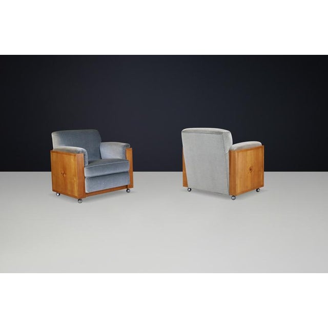 Art Deco Dutch Armchairs with Inlay Motif in Oak and Velvet, 1930s, Set of 2 For Sale - Image 6 of 11