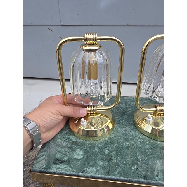 Metal Art Deco Table Lamps in Brass and Murano Glass, 1930, Set of 2 For Sale - Image 7 of 9