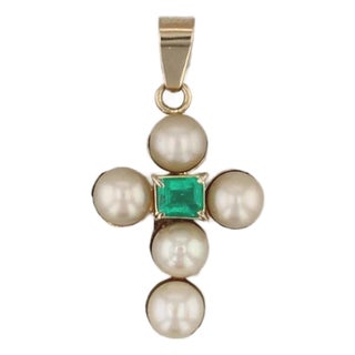 Antique Emerald Cultured Pearl Cross Pendant 18k Yellow Gold For Sale