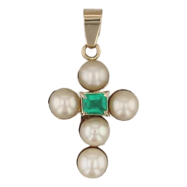 Antique Emerald Cultured Pearl Cross Pendant 18k Yellow Gold For Sale
