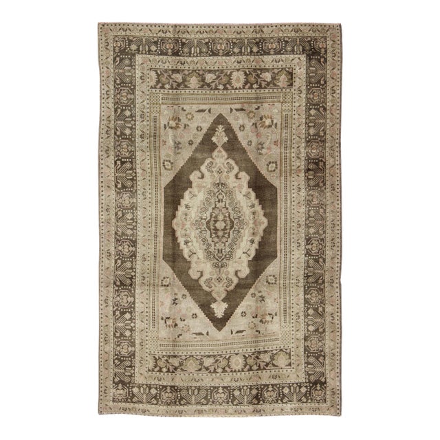 Green Brown, Taupe Turkish Vintage Oushak Rug With Medallion 6'1 X9'8 For Sale