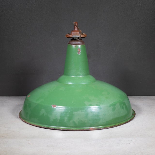 Benjamin 16" Enameled Porcelain Green Industrial Pendant Lights c.1950-Set of Two For Sale - Image 4 of 11
