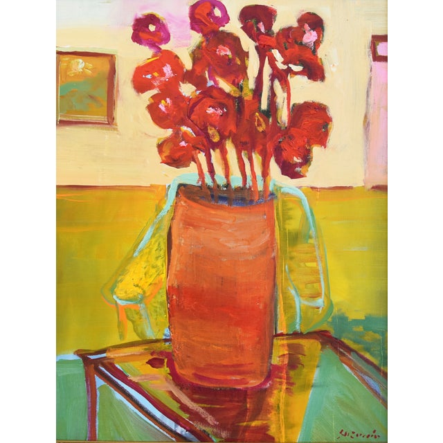 Impressionist painting of a vase of flowers on a table on Masonite board by Juan "Pepe" Guzman-Maldonado (Chile b.1948)....