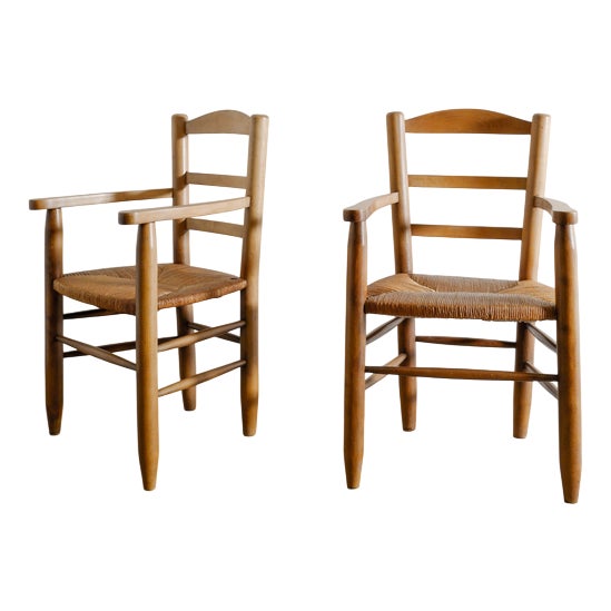 French Wooden Armchairs in Elm & Straw attributed to Charlotte Perriand, 1950s, Set of 2 For Sale