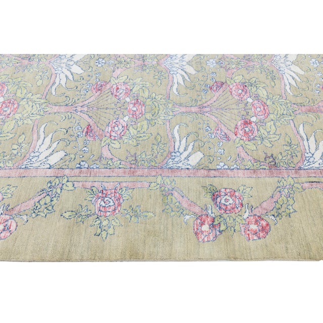 Modern Art Nouveau Inspired Floral Wool Area Rug in Pastel Sage and Rose Pink For Sale - Image 4 of 11
