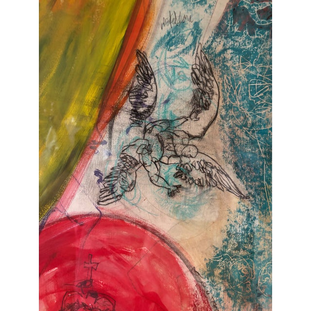 Mixed Media on Paper: Pastel Crayon, Tempera and Pencil depicting male portrait amid additional figures and notations in...