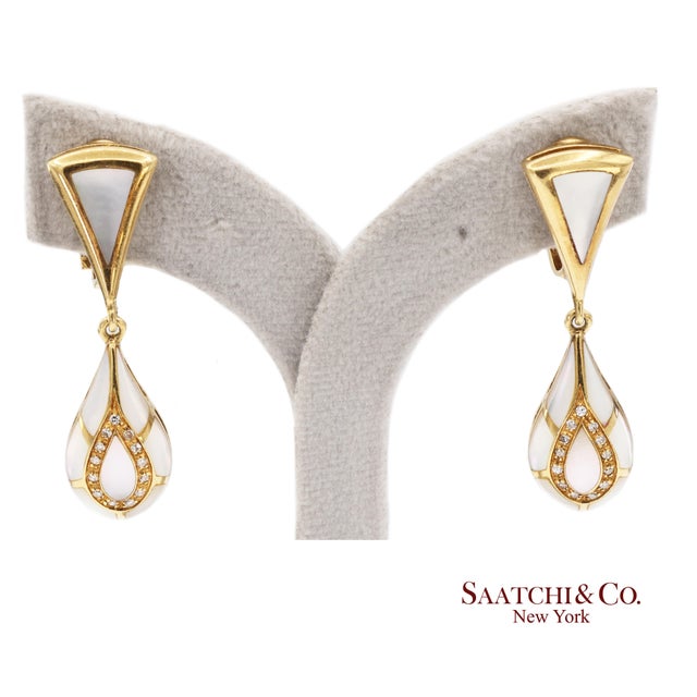 18k Yellow Gold 0.50 Ct Natural Diamond and Mother of Pearl Omega Back Earrings, Pair For Sale - Image 4 of 14