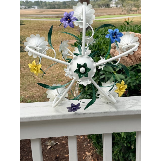 1980s Vintage 5 Arm Tole Chandelier - 16" Wide For Sale - Image 5 of 12