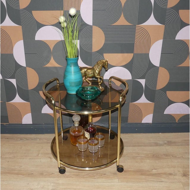 1970s Round Gilt Chrome-Plated and Smoked Glass Serving Trolley, 1970s For Sale - Image 5 of 7