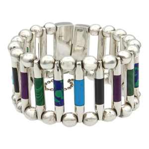 Vintage Tuka Mexican Modernist Silver Gemstone Inlay Bracelet, 1970s, 7.5"