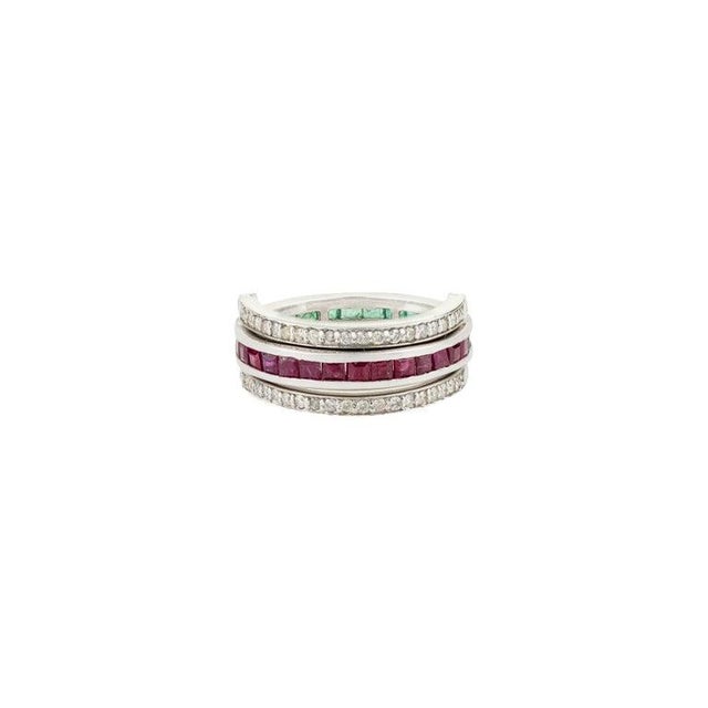 Natural Emerald Ruby Diamond Multi-Stone Spinner Band Ring in 925 Silver, Size 7.5 For Sale - Image 9 of 13