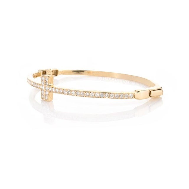 Designer T Diamond Hinged Wired Bangle Bracelet in 14k Solid Yellow Gold For Sale In New York - Image 6 of 8
