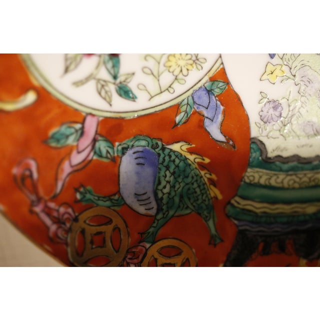 Red 1970s Macau Famille Rose Satsuma Style Raised Figural Charger Plate For Sale - Image 8 of 16