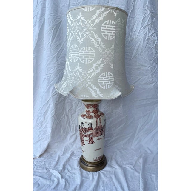 Vintage Chinoiserie Porcelain Table Lamp W/Silk Pagoda Shade For Sale - Image 10 of 10