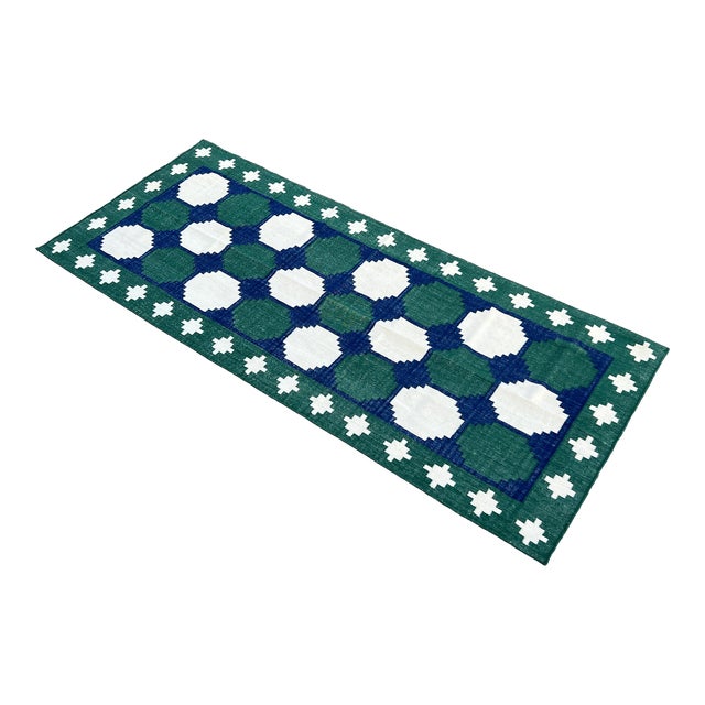 Handmade Woolen Dhurrie Runner, Vegetable Dyed Forest Green, Navy Blue Tile Runner- 4'x10' For Sale