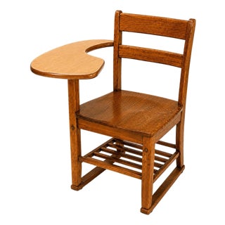Vintage Solid Oak School Desk Chair With Attached Writing Tablet For Sale