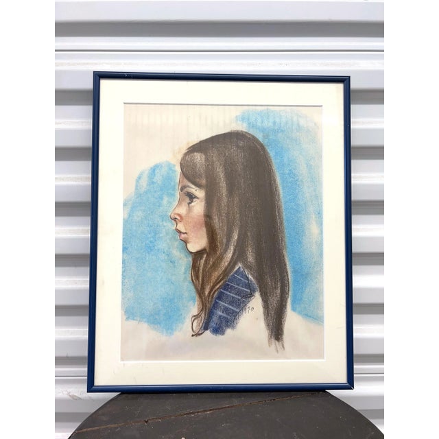Blue Original Pastel 1970’s Portrait of a Young Brunette For Sale - Image 8 of 8