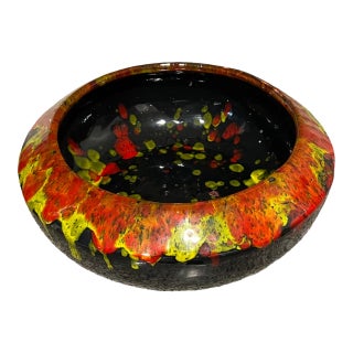 Vintage Mid Century Modern 1960s Studio Pottery Ceramic Vase Large Bowl Catch All Planter Drip Lava Fire Glaze For Sale