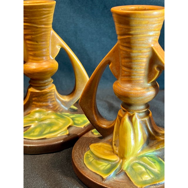 Roseville Pottery Pair of Roseville Water Lily Candlesticks For Sale - Image 4 of 5