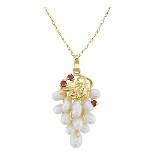 Pearl Grape Cluster Necklace with Ruby Accents 16" For Sale