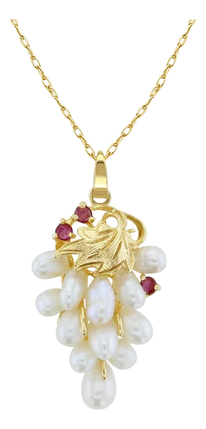 Pearl Grape Cluster Necklace with Ruby Accents 16"