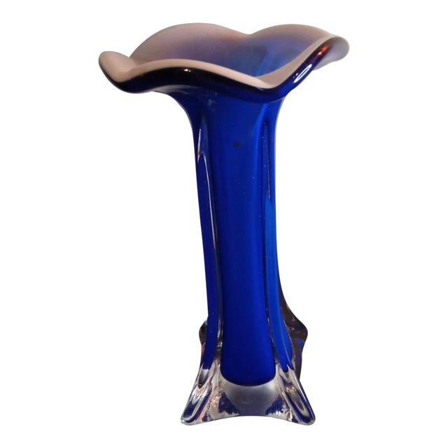1980s Blue Art Glass Ruffled Edge Swung Vase For Sale