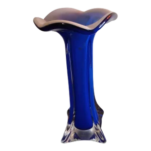 1980s Blue Art Glass Ruffled Edge Swung Vase