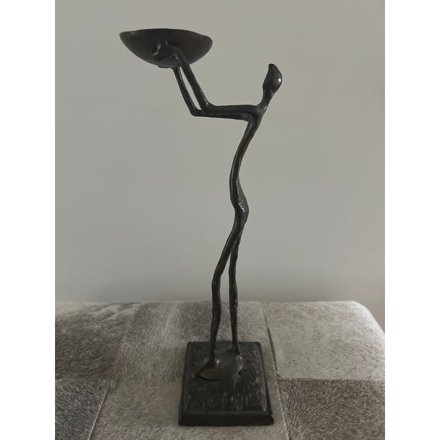 Bronze Late 20th Century Giacometti-Style Bronze Figural Sculpture Holding Bowl For Sale - Image 8 of 9
