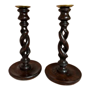 Pair Set Antique English Oak Open Barley Twist Candlesticks Candle Holder Brass
