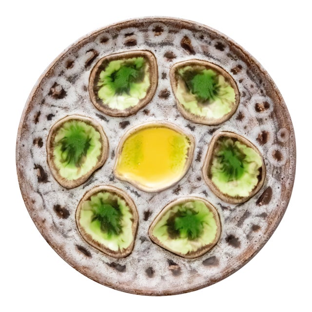 Vintage French Green & Yellow Lemon Majolica Oyster Plate, After Vallauris For Sale