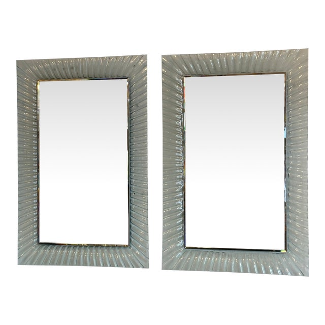 Vintage Pair of Italian Murano Wavy Ruffle Scalloped Glass Wall Mirrors For Sale