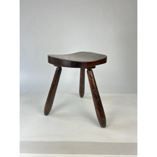 Vintage Brutalist Rustic Carved Wood Tripod Stool, France, 1930s For Sale - Image 6 of 12