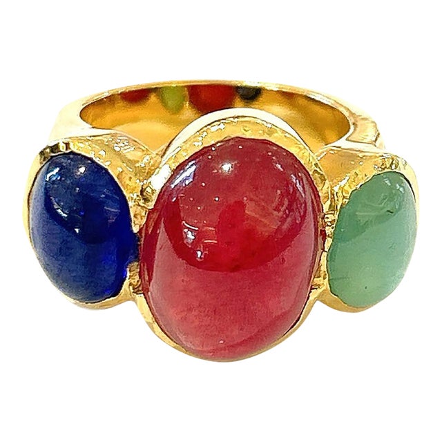 Bochic “Orient” Ruby, Emerald & Sapphire Vintage 3 Gem Ring Set in 18k & Silver Size 5.5 For Sale