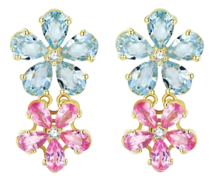 Nina Zhou Aquamrine Pink Sapphire Diamond Double Blossom Drop Earrings in 14k Gold - a Pair