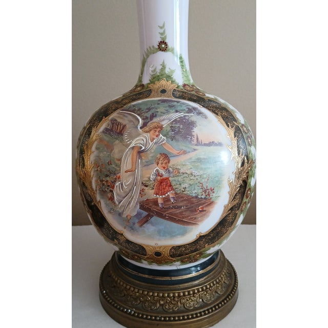 Angel & Child Antique Opaline Hand Painted, Gilt, and Bronze Lamp -a Pair For Sale - Image 10 of 16