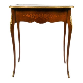 Antique French Style Mahogany Marquetry Side Table With Ormolu Mounts For Sale