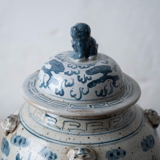 Pair of Chinese Blue and White Glazed Jars With Foo Dog Lid Finials For Sale - Image 11 of 14