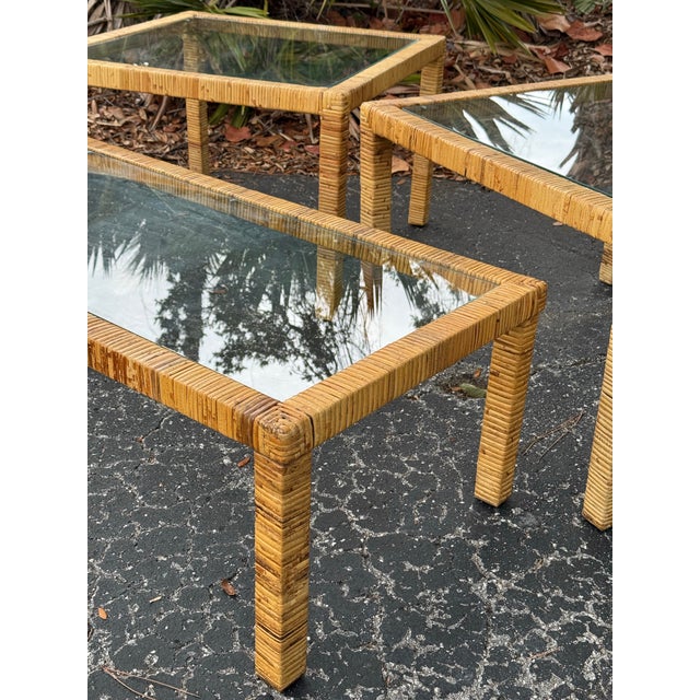 Wood Vintage Coastal Rattan 3-Piece Living Room Table Set With Glass Tops For Sale - Image 7 of 9