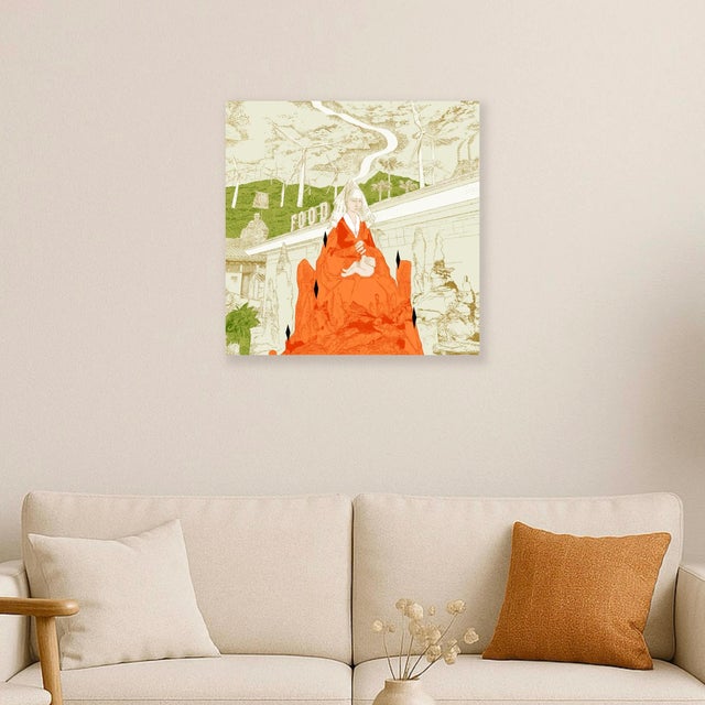 Food Lady depicts a seated female figure dressed in vivid orange, set within a landscape of green hills, wind turbines,...